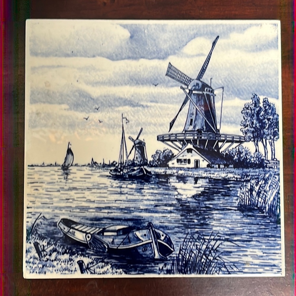 Unusual Delft Blue Windmill 6" Tile with Boat pulled up on shore